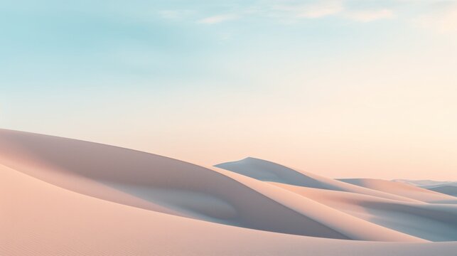 Abstract simple panoramic background. Desert landscape with sand dunes under the blue sky with white clouds. Modern minimal aesthetic wallpaper.