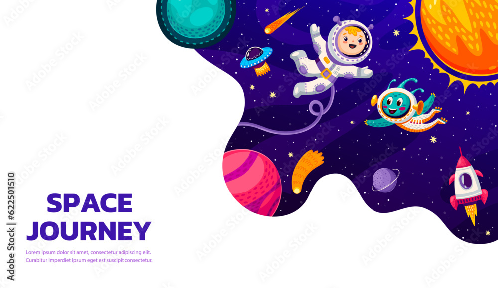 Poster space galaxy landing page. cartoon alien, space planets, astronaut and rocketship in starry sky vect