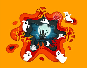 Halloween paper cut banner. Flying ghosts and medieval castle. Halloween holiday paper cut vector background, 3d wallpaper or backdrop with funny ghosts monsters characters, full moon and spider web