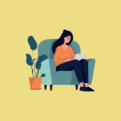 woman sitting on sofa with notebook on her lap, vector illustration
