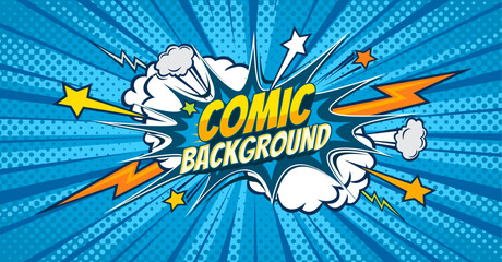 Naklejka premium Blue comic pop art background with thunderbolt lightnings and comics bubbles. Vector halftone pattern backdrop with cartoon comic book burst clouds, boom stars and explosion lightning strikes
