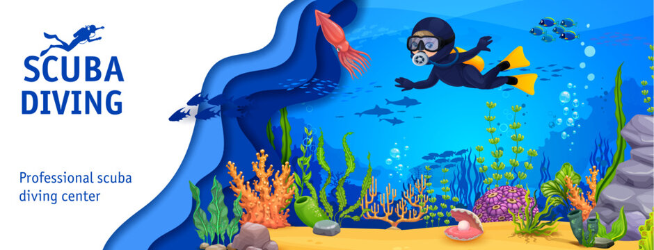 Scuba diving banner. Cartoon young diver and squid on sea underwater paper cut landscape. Vector background with aquanaut explore ocean floor with colorful aquatic plants, playful, fishes and corals