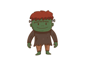 Cute Frankenstein color character, Happy Halloween, cartoon icon Hand drawn Outline vector illustration.