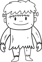 Cute Frankenstein character, Happy Halloween, cartoon icon Hand drawn Outline vector illustration.