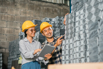 Two company employees wearing safety helmets check goods with a digital tablet in a factory warehouse