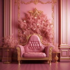 Luxurious Pink Chair with Golden Decoration Queen Throne Empress Successful Woman