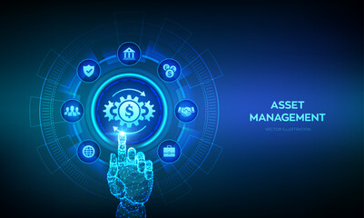 Asset management. Business investment banking payment technology concept on virutal screen. Wireframe hand touching digital interface. Vector illustration.