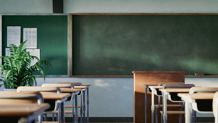 Blackboard, desks and chairs in empty school classroom, 3d rendering