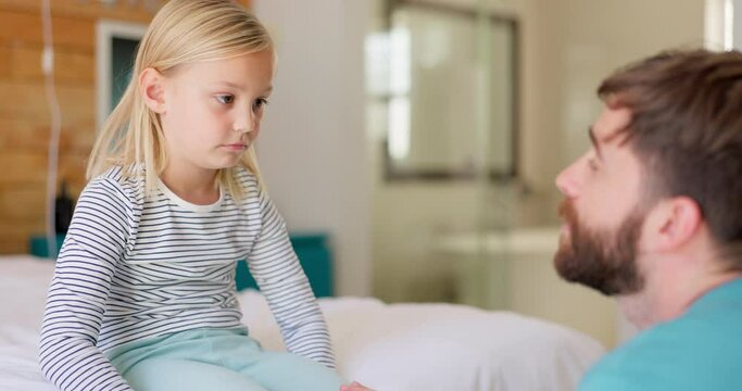 Love, father with sad child and talking in bedroom of home for care of girl after depression. Support or advice, discussion or conversation and family speaking for communication or caring of parent.