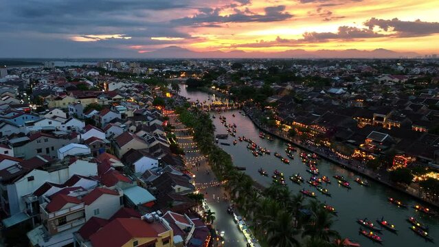 Aerial view of Hoi An Vietnam The ancient city of UNESCO World Heritage in Quang Nam Province It is a popular tourist attraction where colorful lantern boats sail on the river.