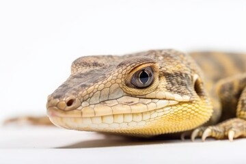 Fototapeta premium close-up view of a reptilian lizard on a plain white background. Generative AI