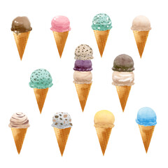 水彩画アイスクリームイラストセットWatercolor ice cream illustration set