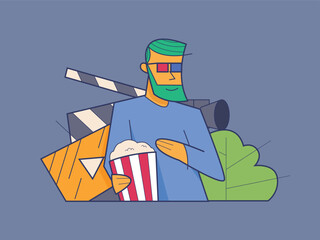 Watching film with 3d glasses and popcorn bucket. movie buff looking premiere with joyful emotion