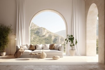 Sunny Desert Oasis Modern Living Room Interior with Arch Open Concept Window with Mountain Views and Linen Furniture