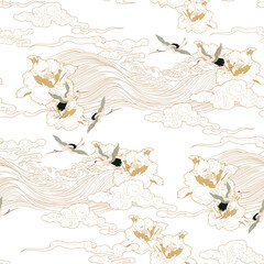 Japanese background with floral gold  texture vector. Peony flower, hand drawn wave seamless pattern. Chinese cloud decorations in vintage style. Crane birds element with art abstract banner design. 