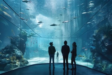 Tourists Standing In Front Of Large Modern Aquarium Full Of Fish And Sealife Made With Generative AI