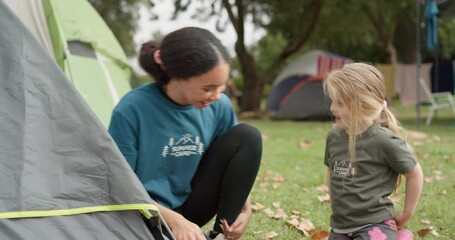 Child, camp counsellor and high five with support from a girl on camping trip, Goals, smile and team building success with young children and woman together with freedom and emoji hand sign in nature