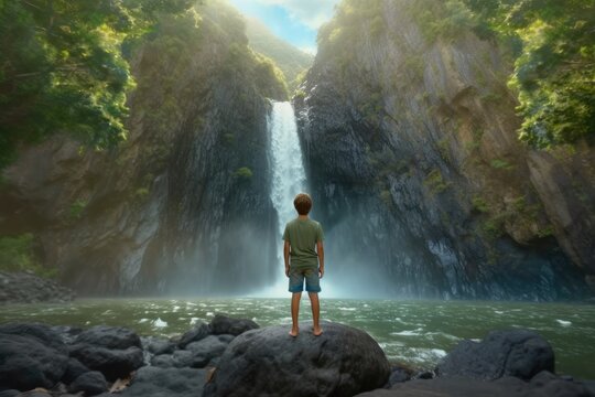 Young Hiker Standing In Front Of A Waterfall With Mist In Nature Made With Generative AI
