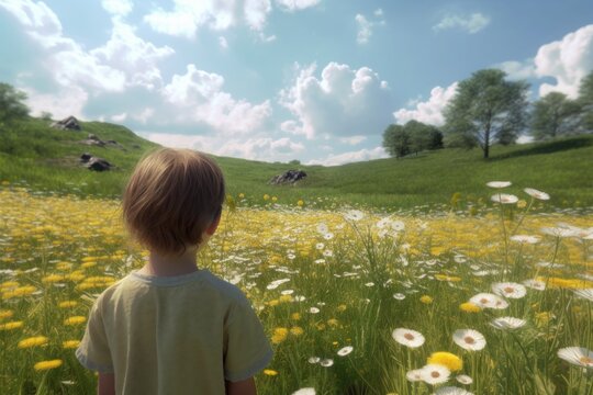 Young Boy Standing in Beautiful Wildflower Field in Summer Made with Generative AI