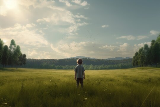 Young Boy Standing in Calm Meadow with Mountain Views Made with Generative AI