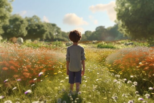 Young Boy Standing in Beautiful Wildflower Field in Summer Made with Generative AI