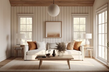 Bright calm living room interior with styled sofa and home decor on side tables with wood ceiling made with generative ai