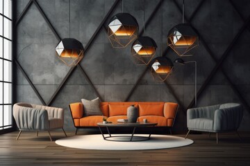 Fashionable Black Chic Modern Family Room Interior With Orange Sofa And Geometric Diamond Accent Wall And Light Filtering Window Made With Generative Ai