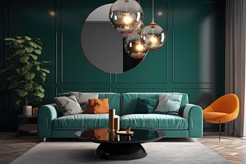 Luxurious Residential Living Room Interior With Teal Accents And Orange Accent Chair In Summer Made With Generative Ai