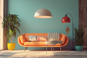 Decorative Living Room Interior With Mid Century Modern Orange Sofa And White Dome Pendant Light Next To A Red Hanging Floor Lamp With Teal Wall Made With Generative Ai