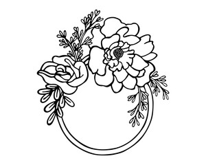 Circular frame decorated with flowers and leaves, black line drawing 