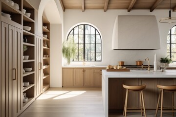 Sustainable Cottage Farmhouse Luxury Kitchen Interior with Arch Windows and Styled Shelves with Exposed Wood Beam Ceilings Made with Generative AI