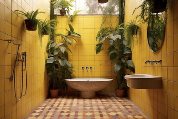 Modern Yellow Spanish Villa Bathroom with Yellow Tile and Mosaic Tiling with Indoor Tropical Plants Made with Generative AI