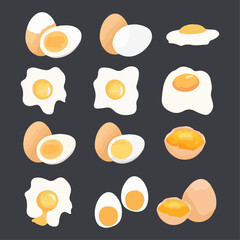 Raw, hard boiled, eggs vector illustration. Whole and broken white and yellow fresh raw eggs.