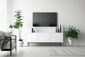 modern white living room with a sleek flat screen television as the focal point. Generative AI