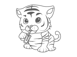 cute tiger illustration icon is drinking
