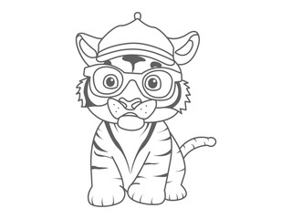 cute tiger illustration icon wearing glasses and hat