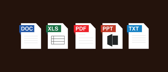 File Formats and Labels icons.  Doc file type icons. Document file format icons
Vector illustration.