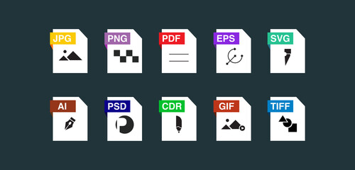 File Formats and Labels icons. images file type icons. pictures file format icons
Vector illustration.