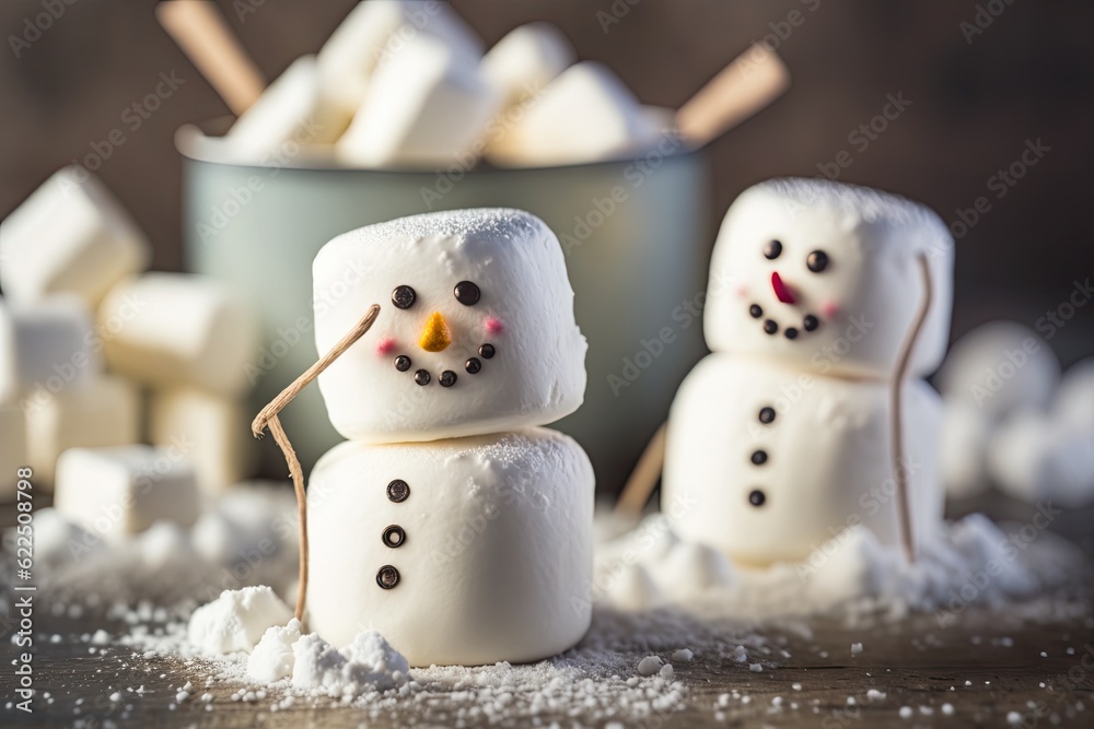 Canvas Prints marshmallow snowmen with a bowl of marshmallows in the background. Generative AI