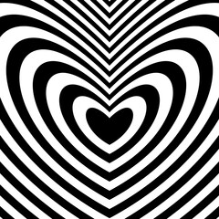 Abstract hypnotic heart background. Valentines optical illusion pattern. Black and white heart-shaped op art design for poster, banner, template. Vector illustration wallpaper