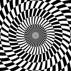 Radial optical illusion background. Black and white abstract lines surface in circles. Poster, banner, template design. Spinning spiral illusion wallpaper. Vector opt art illustration 