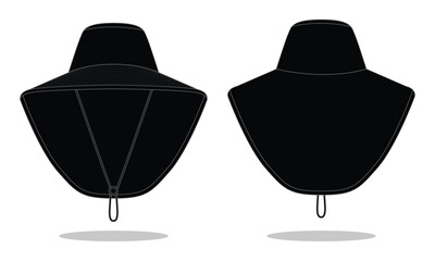 Black bucket hat with cover neck protection template on white background.Front and back view, vector file