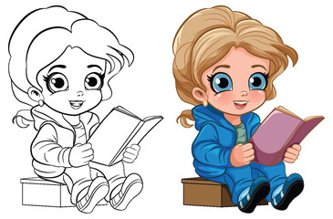 Cute Girl Reading Book Cartoon Character