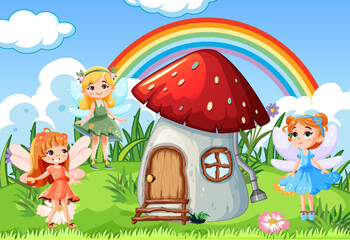 Obraz na płótnie Canvas Mushroom house fairy tale with fairy cartoon