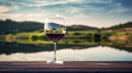 a glass of red wine with vineyard landscape. serene and romantic atmosphere with the majority of the vineyard scene available for your text.