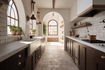 Beautiful organic Spanish modern revival kitchen interior with arched walkways sustainable furniture slow living made with Generative Ai - obrazy, fototapety, plakaty