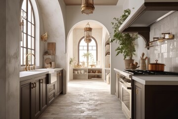 Beautiful organic Spanish modern revival kitchen interior with arched walkways sustainable furniture slow living made with Generative Ai