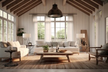 Amazing Relaxing Calm beautiful midcentury modern farmhouse interior living family room with neutral designer furniture and statement pendant lights and nature views made with Generative Ai - obrazy, fototapety, plakaty