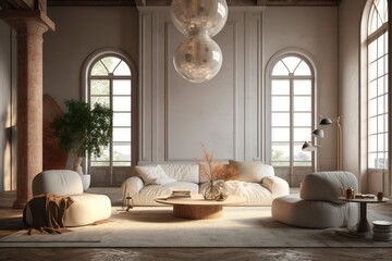 Beautiful chic sunny bright organic modern living room interior with vintage collectable styled neutral furniture made with generative Ai