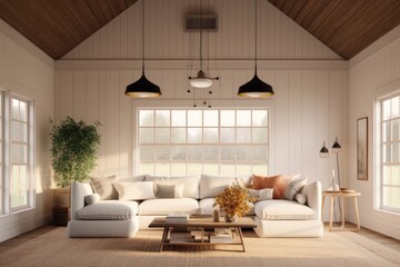 Amazing Relaxing Calm beautiful midcentury modern farmhouse interior living family room with neutral designer furniture and statement pendant lights and nature views made with Generative Ai